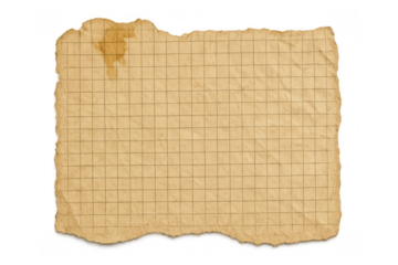 Old torn grid paper with worn texture and stained detail, vintage grunge background on transparent
