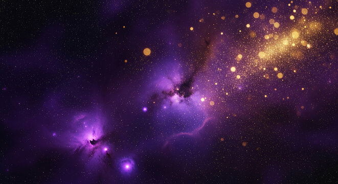 Wide shot of space with purple nebula and golden light orbs, creating cosmic appearance, representing boundless potential and vastness, perfect for inspiration - Powered by Adobe