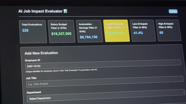 Middle Aged Human Resources Worker Runs Through AI Job Impact Analysis to Calculate Role Effectiveness for Layoffs and to Replace Positions Concept