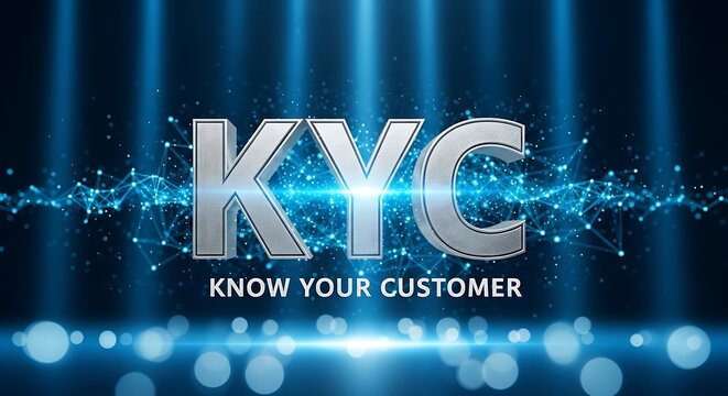 K Y C Know Your Customer Silver Letters on Blue Network Background - Powered by Adobe