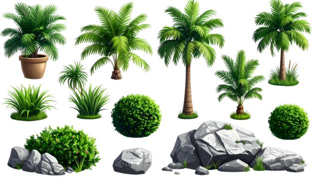 A collection of stylized tropical trees, shrubs, and rocks on a transparent background - Powered by Adobe