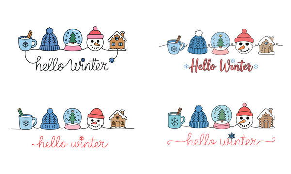 Hello winter cute illustration with snowman hats mugs and small houses for seasonal design
