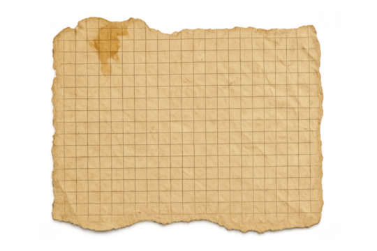 Old torn grid paper with worn texture and stained detail, vintage grunge background on transparent