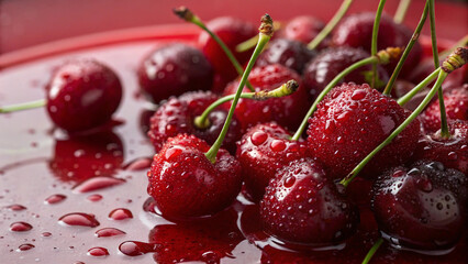 Fresh red cherries with water droplets on a vibrant red surface