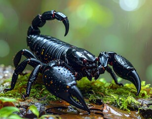 Close-up of a shiny black scorpion on mossy wood, against a blurred green forest backdrop with some rain