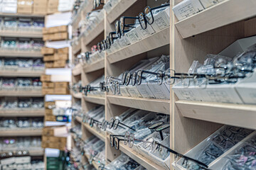 A close-up view of shelves filled with various eyeglasses and frames in an optical store, showcasing a wide range of styles and designs.