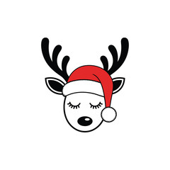 Cute Reindeer Face Santa Hat Vector