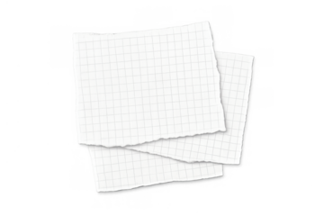 Stack of torn graph paper scraps with ragged edges, blank grid background for text or memo, transparent png