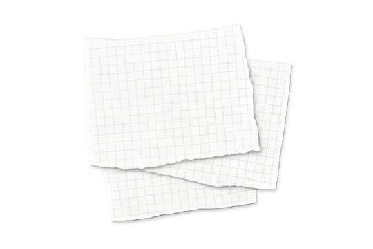 Stack of torn graph paper scraps with ragged edges, blank grid background for text or memo, transparent png