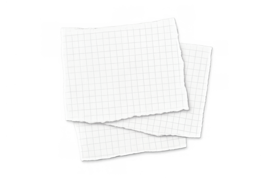 Stack of torn graph paper scraps with ragged edges, blank grid background for text or memo, transparent png