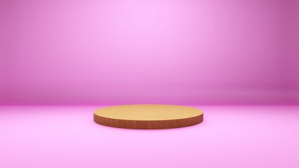 Minimalist Round Wooden Pedestal on Soft Pink Background