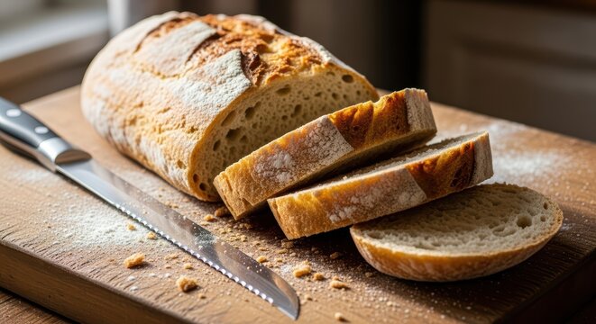 Freshly baked rustic bread loaf with knife on wooden cutting board