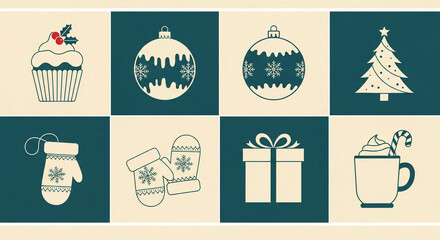 Graphic of winter holiday icons in squares: cupcake, ornament, tree, mitten, glove, gift, beverage, representing celebration and festive spirit