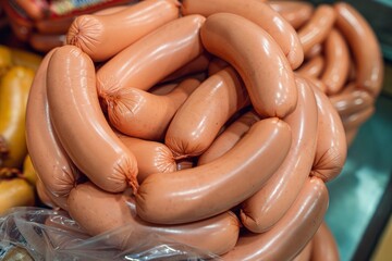 A close-up view of fresh sausages piled together in a market setting, showcasing their smooth texture and packaging.