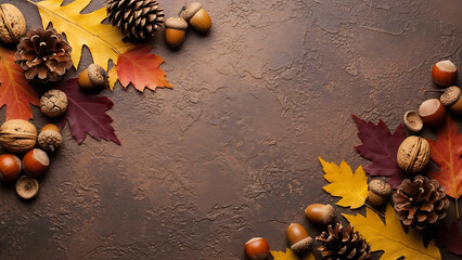 Autumnal harvest concept with a frame of colorful fall leaves, acorns, and nuts on a rustic brown background