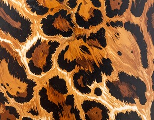 Close-up of a simulated leopard skin pattern, featuring black rosettes on a tan and brown background