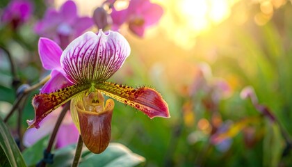 Exotic lady slipper orchid in a garden, with pink and red blooms lit by sunlight