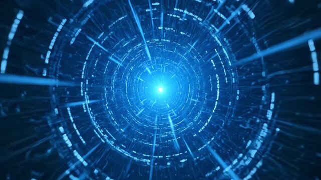 Futuristic blue digital tunnel visualizing AI Big Data flow with optical fiber effect for high-speed technology concept and cyberspace background