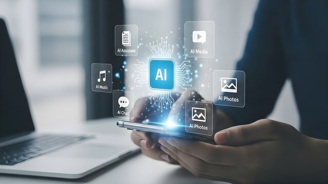 AI technology on a mobile phone futuristic interface with application icons for business and innovat