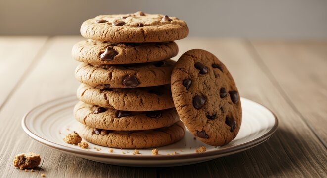 Stacked chocolate chip cookies on a plate