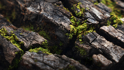 A close-up of textured bark with moss accents and deep organic fissures forming rugged natural patterns