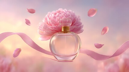 Fototapeta premium A graceful bottle is positioned at the center of a large blooming flower, while soft petals drift gently in the air, creating a peaceful and elegant atmosphere