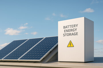 Rooftop solar panels with a battery energy storage unit under clear blue sky