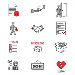 Workplace exit and employee offboarding concept line icons isolated on white background, Vector