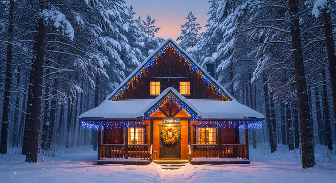 Exterior of wooden cabin in snowy forest, adorned with holiday lights and a festive wreath, representing winter, holiday season and peaceful retreat