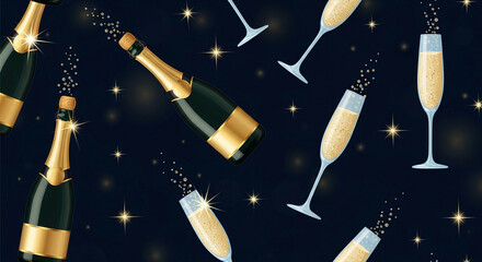 Illustration of champagne bottle with bubbles and glass on dark background, symbolizing celebration, festivity, and joy, suitable for event themes