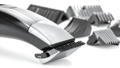 Close-up of a sleek, black and chrome hair clipper with attachments on a white surface, showing precision blades