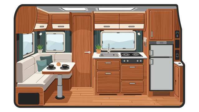 Cozy RV Interior Design Concept with Modern Kitchenette and Comfortable Dinette for Mobile Living and Road Trip Adventures