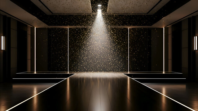 Elegant dark room with golden glitter particles illuminated by a spotlight creating a luxurious and festive atmosphere for events and celebrations