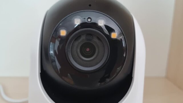 Extreme close up macro still shot of the black camera lens and infrared sensors of a smart home security camera inactive mode