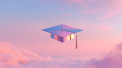 Floating graduation cap in a dreamy pastel sky, surrounded by soft clouds, symbolizing achievement, education, and the journey of learning in a serene atmosphere