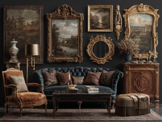 This living room moodboard showcases stylish furniture, intricate artwork, and serene colors, creating an elegant space for relaxation and inspiration