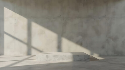 Minimalist concrete cube display platform bathed in sunlight, ideal for product showcasing or architectural visualizations with a modern, sleek aesthetic
