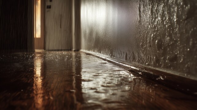 Hallway with water-damaged floor and wall showing moisture seepage, reflective standing water and potential mold growth &acirc;&euro;&rdquo; moisture mitigation mold inspection scenario.