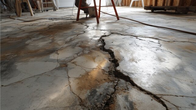 Close-up of a concrete slab with a long crack and exposed aggregate, illustrating slab repair and concrete repair need.