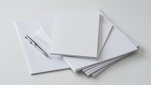 Blank sheets of paper stacked on a clean surface beside a silver pen, creating an organized workspace ideal for writing, planning, or creative brainstorming sessions