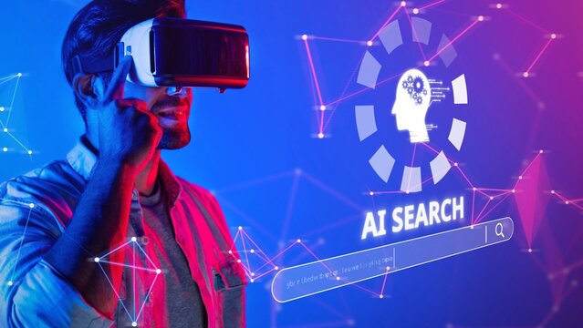 A young man with a VR headset engages with artificial intelligence concepts, showcasing a vibrant digital interface that embodies modern technology and innovation. Raster