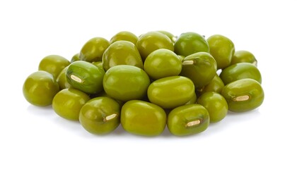 Close-up of a small pile of round, smooth, green mung beans on a stark white background, showing some splitting