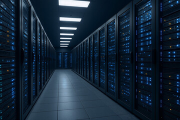 Modern data center aisle with rows of illuminated server racks