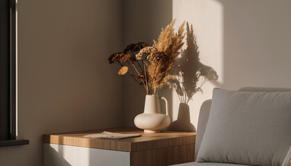 Modern home living room interior design with contemporary furniture, wall decor, sofa, and window light