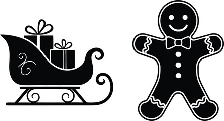Fototapeta premium Christmas holiday black silhouette set featuring Santa's sleigh filled with gift boxes and a smiling gingerbread man cookie icon.