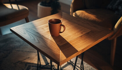 Closeup of a hot coffee mug on a white table in a cafe restaurant