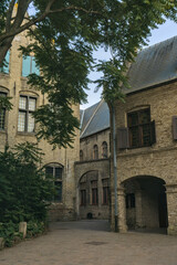 Row of historic red brick buildings with distinctive stepped gables in a Flemish city, likely Veurne, Belgium