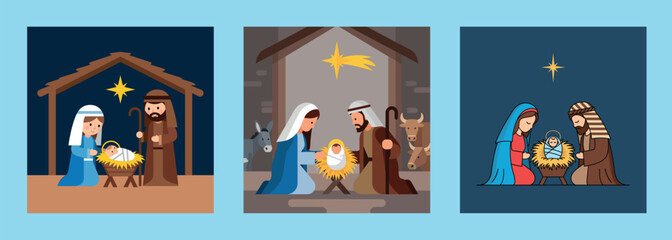 Vector illustration set of three Nativity scenes with Mary, Joseph and baby Jesus in manger. Concept of Christian holiday, Christmas story and religious tradition