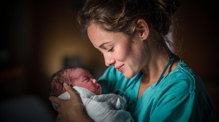New mother joyfully holds her newborn in a warm hospital room