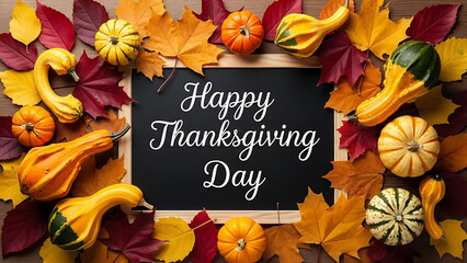 Happy Thanksgiving Day surrounded by colorful autumn leaves and gourds